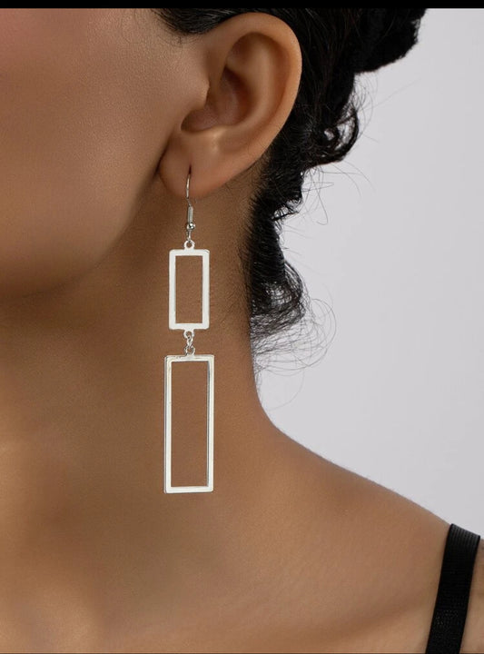 Silver double Square Long Drop Earrings