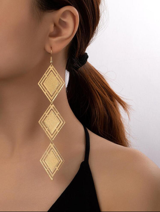 Gold Long Drop Diamond Shape Earrings