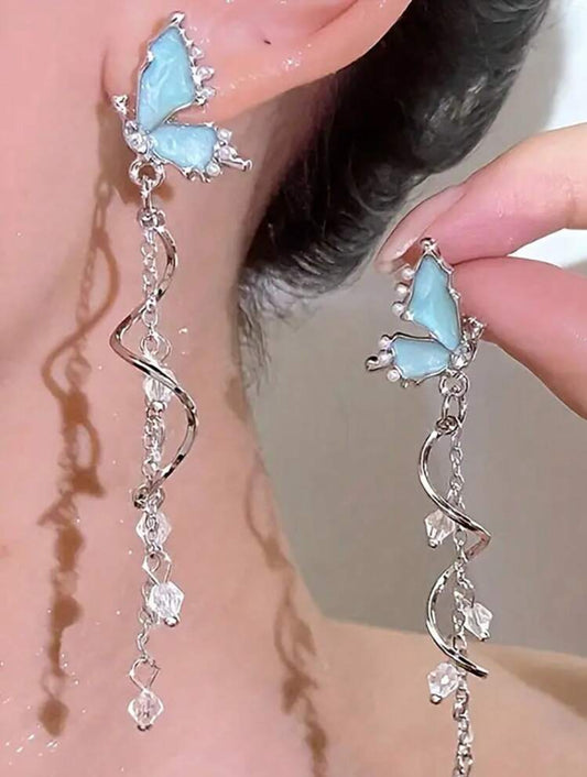 Silver Blue Butterfly Long Drop