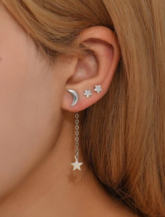 Silver moon & star long drop earrings
