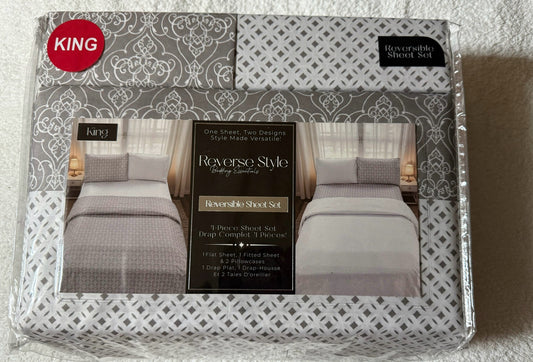King Sheet Set - Grey & white, Reversible 4 PCS